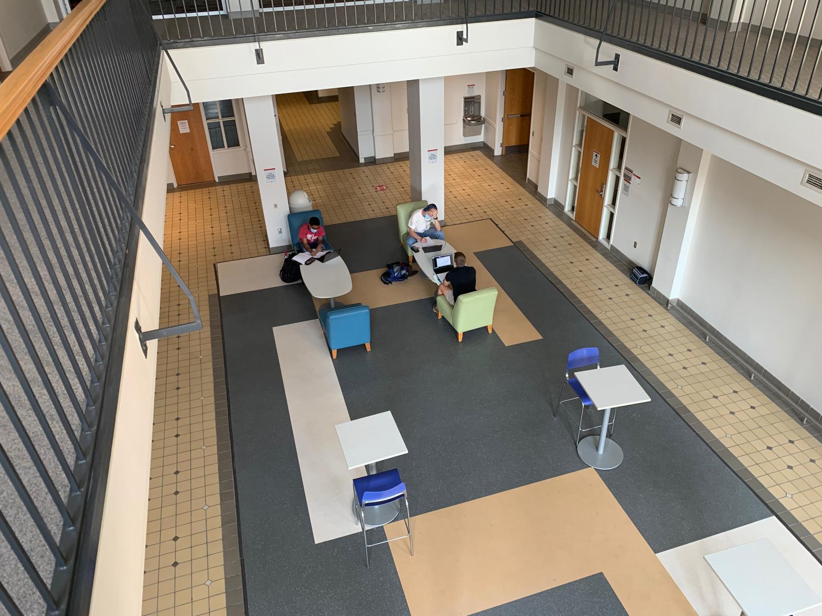 Louise Pound Hall, ground level lounge and study space.