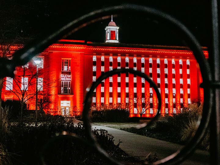 Love Library is illuminated during the 2019 Glow Big Red event. Buildings were not lit up this year to conserve electricity amid the rolling blackouts in the central U.S.