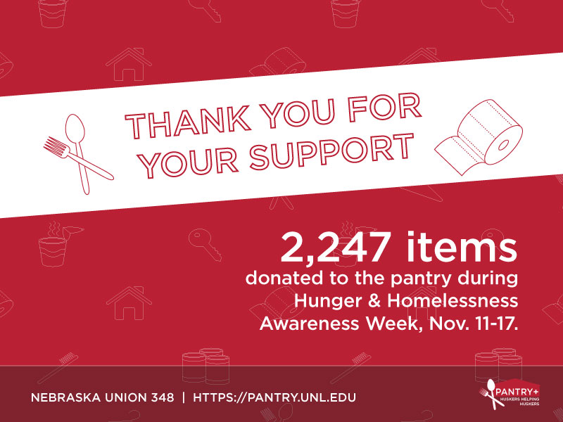 2,247 items were donated to the Huskers Helping Huskers Pantry+ during Hunger and Homelessness Awareness Week, Nov. 11-17, 2017.