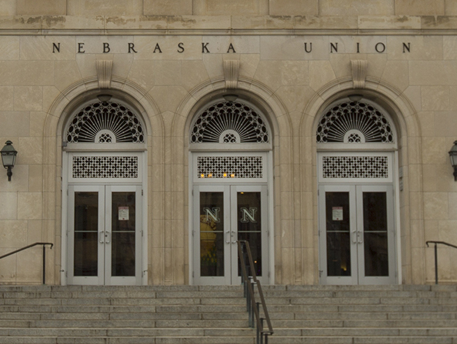 View of the Nebraska Union's south elevation and facade from R Street in Lincoln, Nebraska.