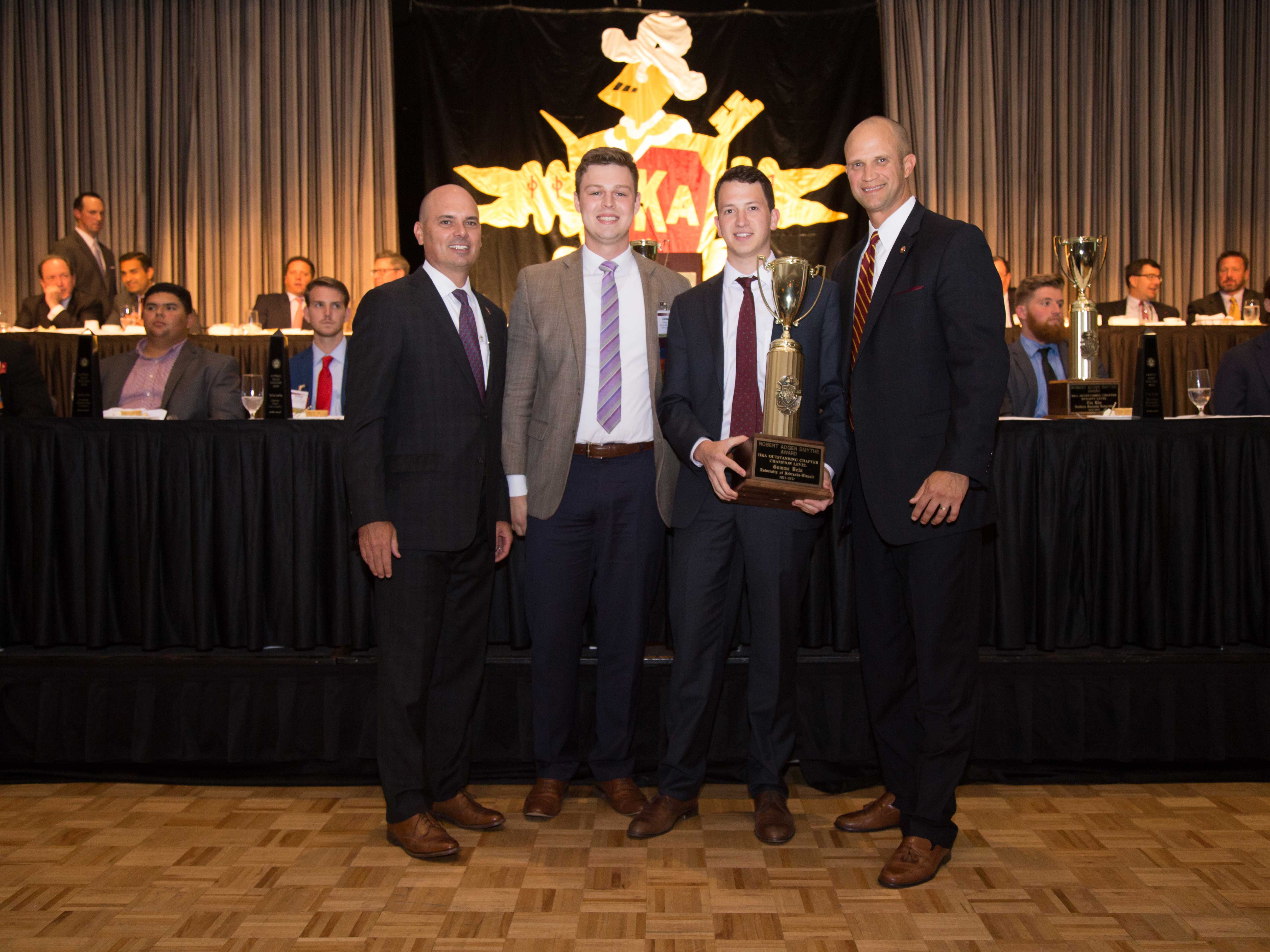 Pi Kappa Alpha fraternity at Nebraska received top honors at the 2017 Pi Kappa Alpha Academy. Pictured: PIKE International President Shad Williams, Callaway Holt, Phil Levos, and PIKE Executive Vice President & CEO Justin Buck.
