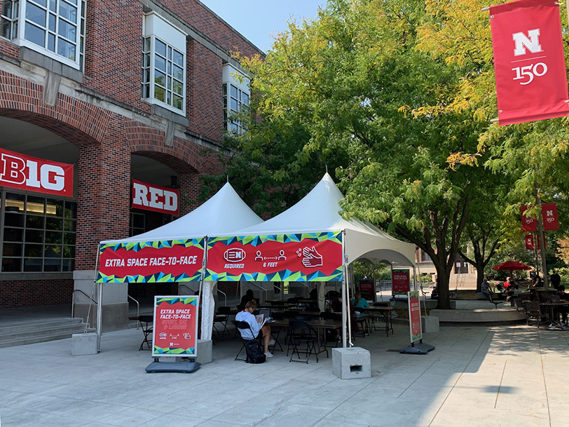 An open-air tent on the Nebraska Union plaza is the latest addition to provide more space for students to study and physically distance.