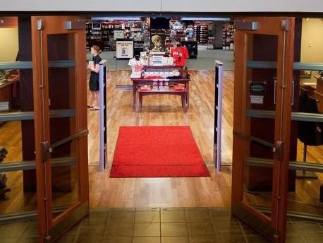 Entry doors into the Campus Bookstore in the Nebraska Union's lower level.