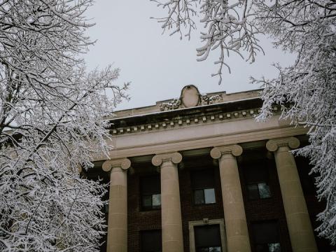 Ice crystals cover trees near the south entrance to Pound Hall. The building, located northeast of the intersection of 12th and R streets, is the new home to Nebraska's Services for Students with Disabilities office.
