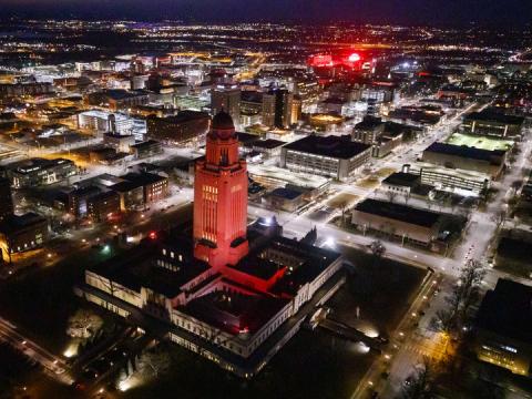 Nebraska Capitol lit red for Glow Big Red