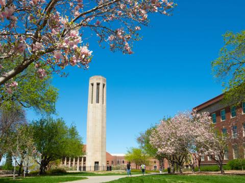 Mueller Bell Tower appears amongst the spring blooms on the University of Nebraska-Lincoln campus.