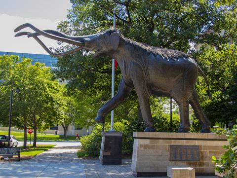 Bronze statue of Archie the Mammoth outside Morrill Hall on the campus of the University of Nebraska-Lincoln.
