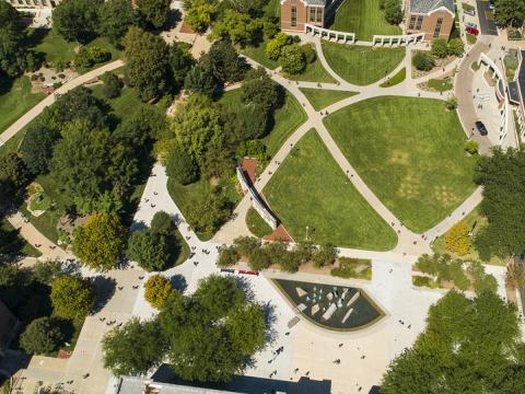 Aerial view above Broyhill Fountain and green space on the northside of Nebraska Union.