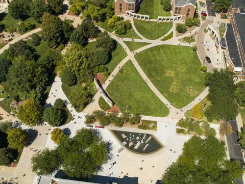 Aerial image of the Nebraska Union plaza and green space at the University of Nebraska-Lincoln. [photo by University Communication]