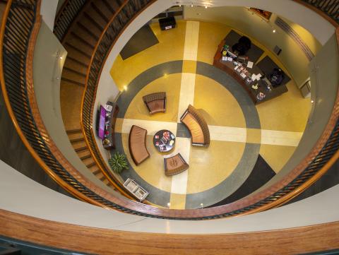 Aerial view of the staircase inside the Jackie Gaughan Multicultural Center at the University of Nebraska-Lincoln [Mike Jackson | Student Affairs]