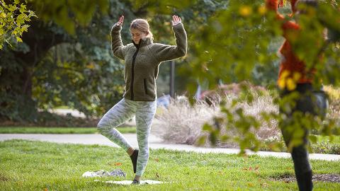 A student practices Yoga in the Maxwell Arboretum on East Campus. October 15, 2020. [photo by Abby Durheim for University Communication]