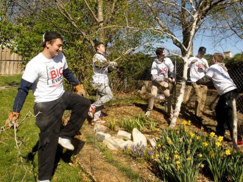 Sigma Alpha Epsilon members Parker Low, Joe Cooley, Clay Fiolo, Bryson Metcalf and Matt Bruning work during the 2016 Big Event project. 