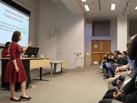 Beth Jacobson, TRIO project director for Educational Talent Search, inspires students to become advocates in their communities at the National TRIO Day at the University of Nebraska-Lincoln Feb. 29.