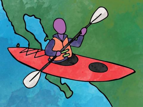 Cartoon of person paddling canoe