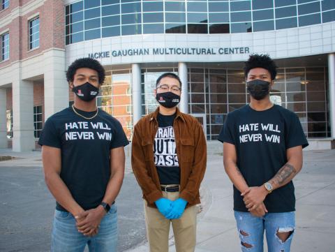   Michael Sanders, Tamayo Zhou and Elijah Merritt (left to right) pose for a portrait outside of the Jackie Gaughan Multicultural Center on March 7, 2020 in Lincoln, Nebraska. (photo by Marissa Kraus | Daily Nebraskan) 