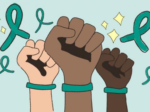 Teal ribbons and bracelets to show support for Sexual Assault Awareness Month