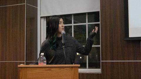 Wendy Beio speaks at the Nebraska Union in the Platte River Room on Thursday, Feb. 24, 2023, in Lincoln, Nebraska.  [photo by Gus Kathol]