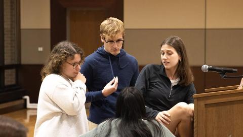 The Association of Students of the University of Nebraska Executive Officers have a discussion before the general Senate meeting in the Nebraska East Union Great Plains Room on Wednesday, Oct. 11, 2023 in Lincoln, Nebraska.  [Photo by Justin Diep | Daily Nebraskan]