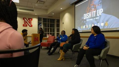 John Goodwin, a leader of the Black community in Lincoln and an alumnus of one of the Divine Nine fraternities, speaks to students who are members and non-members of the Divine Nine sororities and fraternities during the Late Night Dish It Up: Divine Nine Edition in the Nebraska Union, at City Campus, on Tuesday, Jan. 23, 2024 in Lincoln, Nebraska. [Photo by Nandini Rainikindi | Daily Nebraskan]