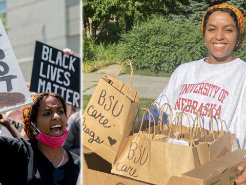  In the days after the death of George Floyd in Minneapolis, Nebraska student Batool Ibrahim participated in protest marches in Lincoln (left) and helped organize an outreach project that is providing wellness items to community members in need. The Black Student Union Care Bags initiative launched with initial donations of $14,000. 