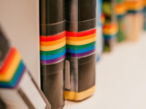 A row of books with LGBTQA rainbow tag on the spine. [Shutterstock]