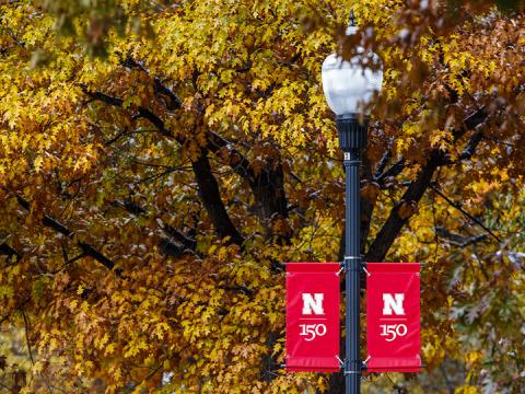 Fall leaves with Nebraska banner