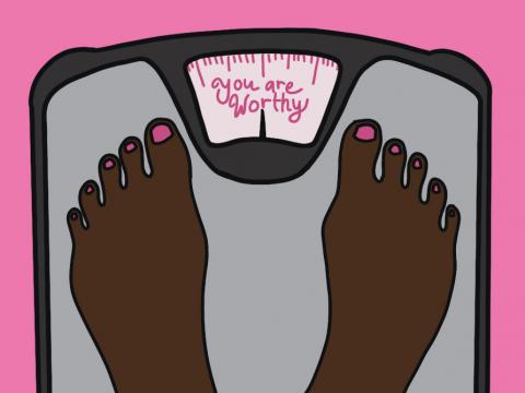 Graphic of black women's feet on scale. Art by Libby Allan | Daily Nebraskan