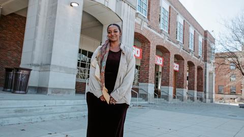 Yousra Abdulrazig stands in front of the Nebraska Union. Her study abroad opportunity to India has helped shaped her academics and her involvement across the remainder of her college career.