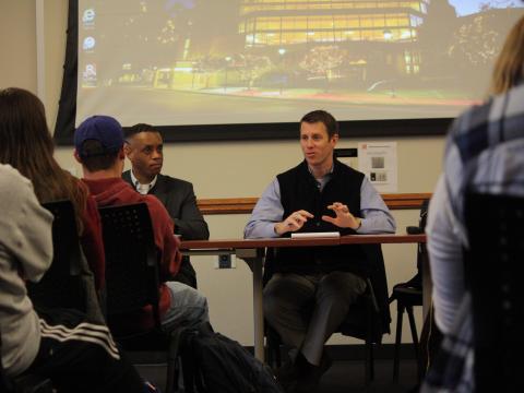 Assistant Chief of Police Hassan Ramzah and Assistant Vice Chancellor for Student Affairs Jake Johnson meet with fraternity and sorority leaders at the University of Nebraska-Lincoln.