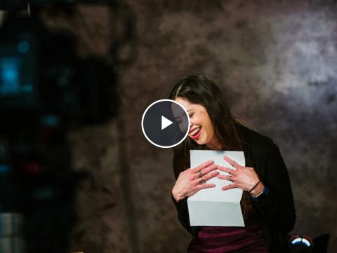  Video: Karen Freimund Wills reacts while reading a letter of thanks from a student. Click the video to see this reaction and others. [David Fitzgibbon and Curt Bright | University Communication ]