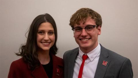 Lauren Krueger and Paul Pechous pose for a photo during ASUN inauguration in the Platte River Room of the Nebraska Union on Wednesday, March 29, 2023 in Lincoln, Nebraska.  [Photo by Gus Kathol | Daily Nebraskan]
