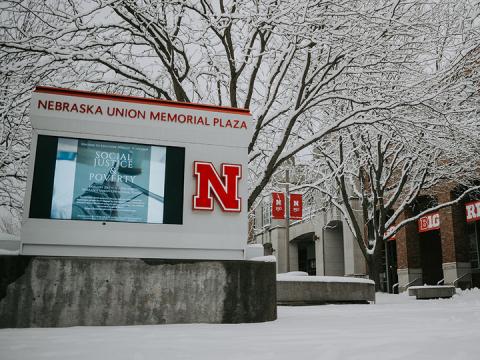 Snowy campus shot outside Nebraska Union