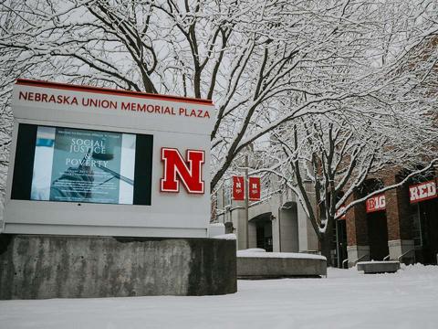 Snowy campus outside Nebraska Union