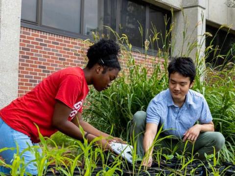 Clementine Ewomsan, left, under the watchful eye of doctoral student Yuguo Yang, works on a soil experiment testing plants for drought conditions as part of the STEM-POWER Research Program hosted by the University of Nebraska-Lincoln.  [ Mike Jackson, UNL Student Affairs]
