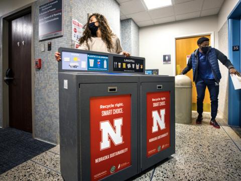 More recycling receptacles were installed around campus in 2020 by UNL Recycling Services to increase convenience and recycling capacity. 