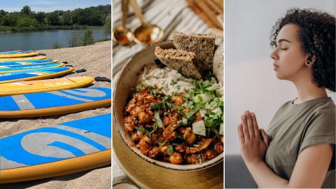 Stand Up Paddle Boarding, a cooking demo, and basic yoga are among the well-being activities happening this week. [artwork created by Brittany Meiners | Student Affairs Marketing and Communication]