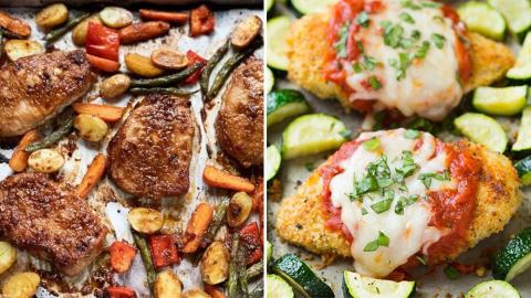 One-Pan Marinated Pork Chops with Veggies (left) and Tilapia Parmesan & Squash are offered the meal kits in February. (courtesy image)