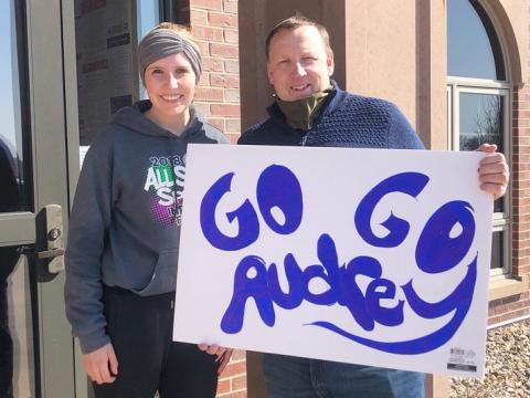 Audrey Kreun, a first-year accounting major at the University of Nebraska–Lincoln, recently ran a virtual half-marathon through Campus Recreation. Kreun is pictured here with her father, Mark, who was one of many family members and friends who cheered her on during the event. 