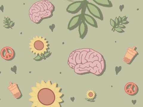 Brain, leaves, flowers, peace signs on graphic